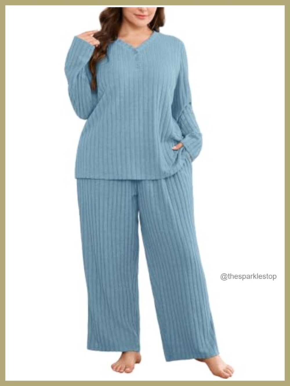 Plus Size Ribbed Knit Pajama Set Long Sleeve V Neck Button Top Pants